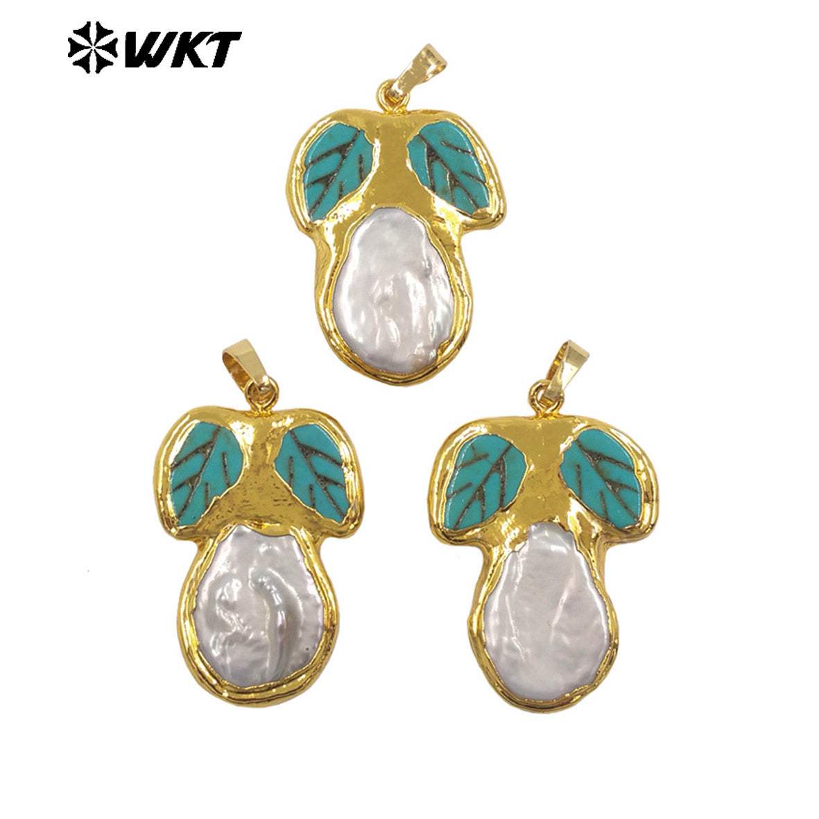 WT-JP499 Exclusive Unique Design 18K Gold Plated Natural Turquoise And Pearl Leaf Shape Pendant For DIY Necklace Findings