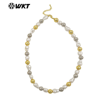 WT-JN293 Wholesale Hot Sale 16 Inch Flat and Round Artificial Pearl Gold and Silver Necklace Temperament Jewelry for Party Dress
