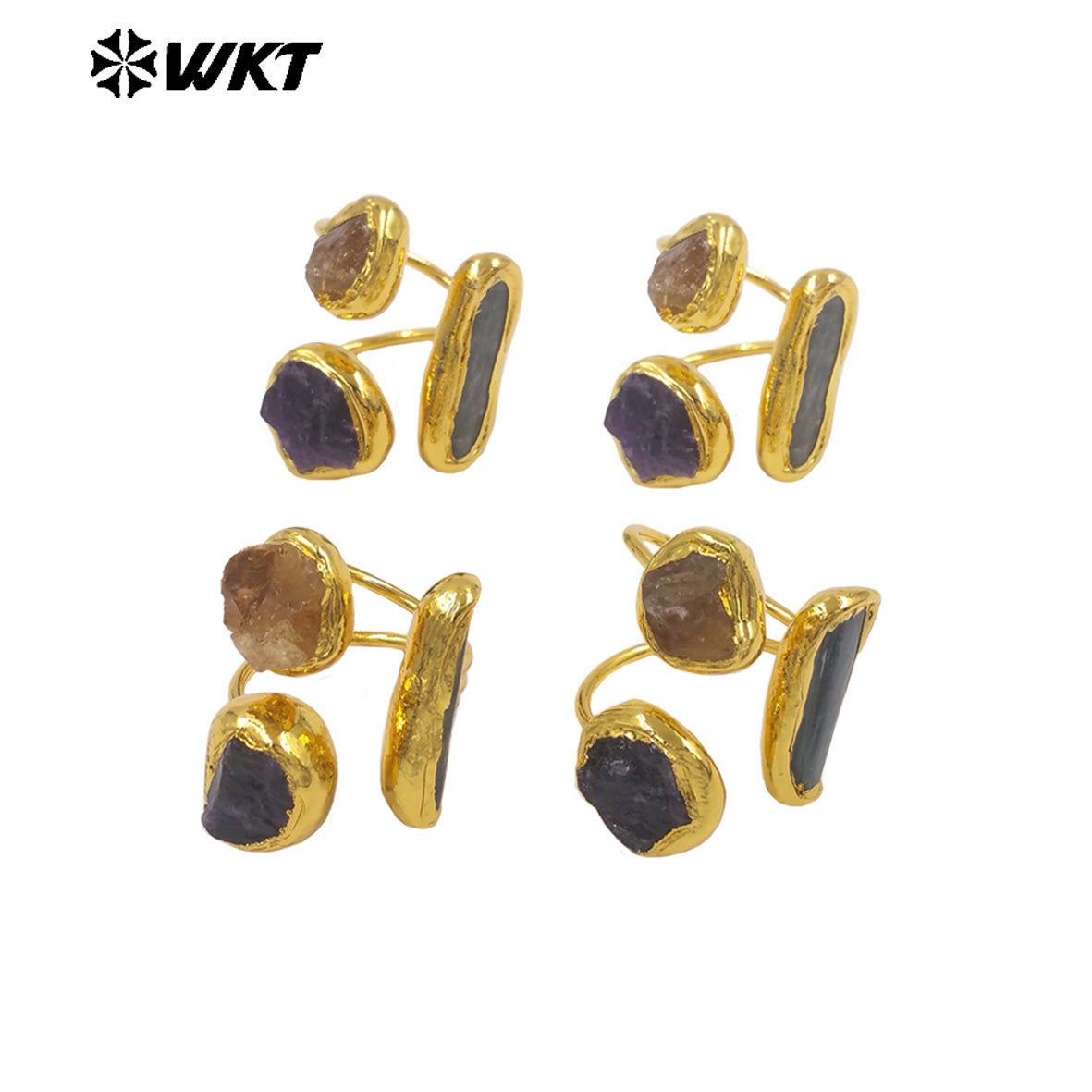 WT-R606 Vintage Style Gold Plated Three Natural Gemstones Triangle Women Adjustable Rings For Dance Party Matching Jewelry