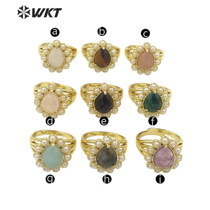 WT-MPR082 Amazing Delicate Fashion Gold Women 18K Plated Teardrop Open Adjustable Tiger Eye Stone Ring