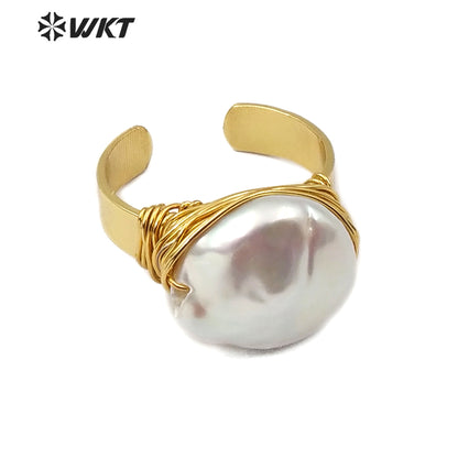 WT-R340 Newest Jewelry Wire Wrapped Pearl Ring Natural Pearl Gold Electroplated Ring Women Fashion Charm Jewelry Ring