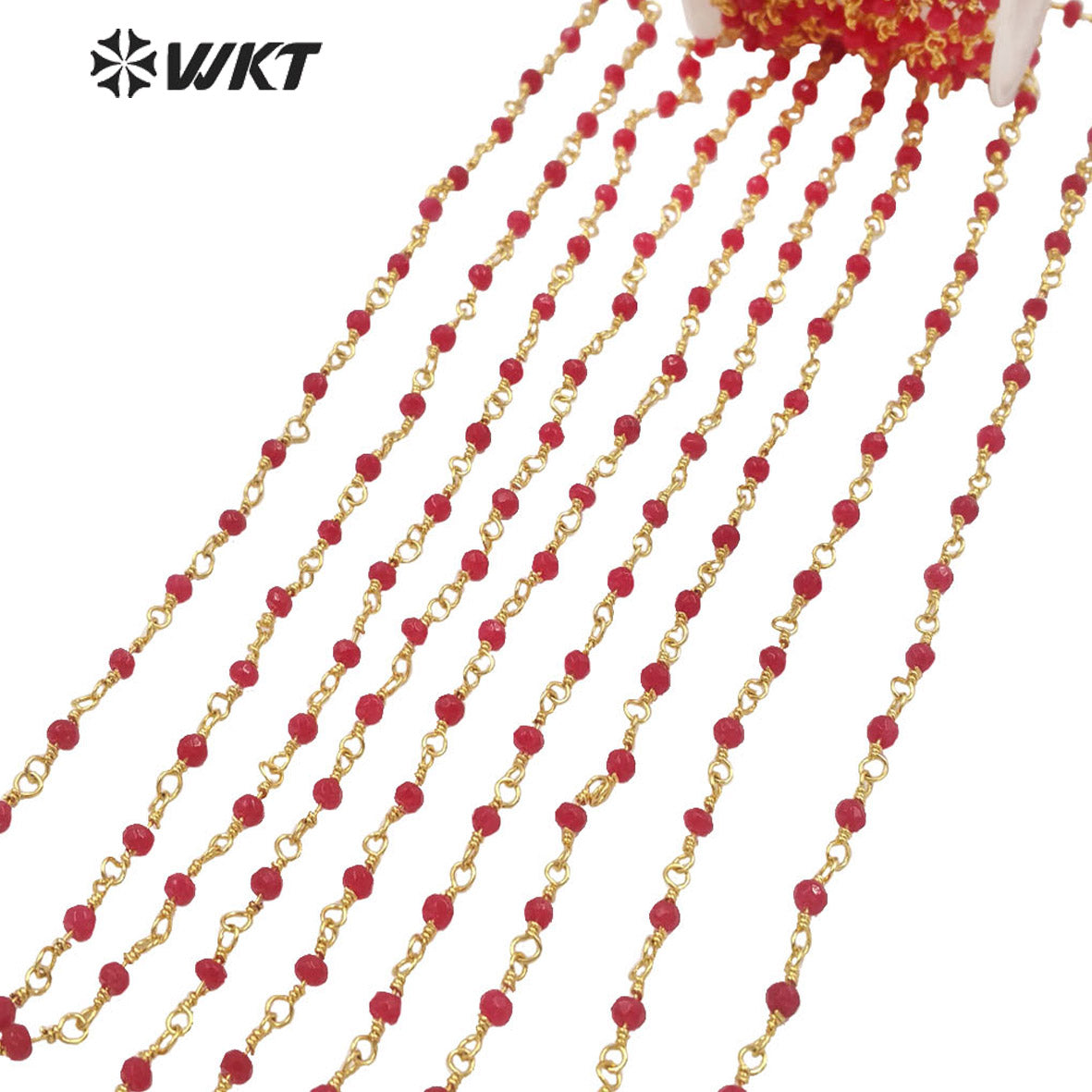 WT-RBC193 New Hot Color Fashion 18k Real Gold Plated Resist Tarnishable Red Jade Beads Chain Women Jewelry Finding Stone Chain
