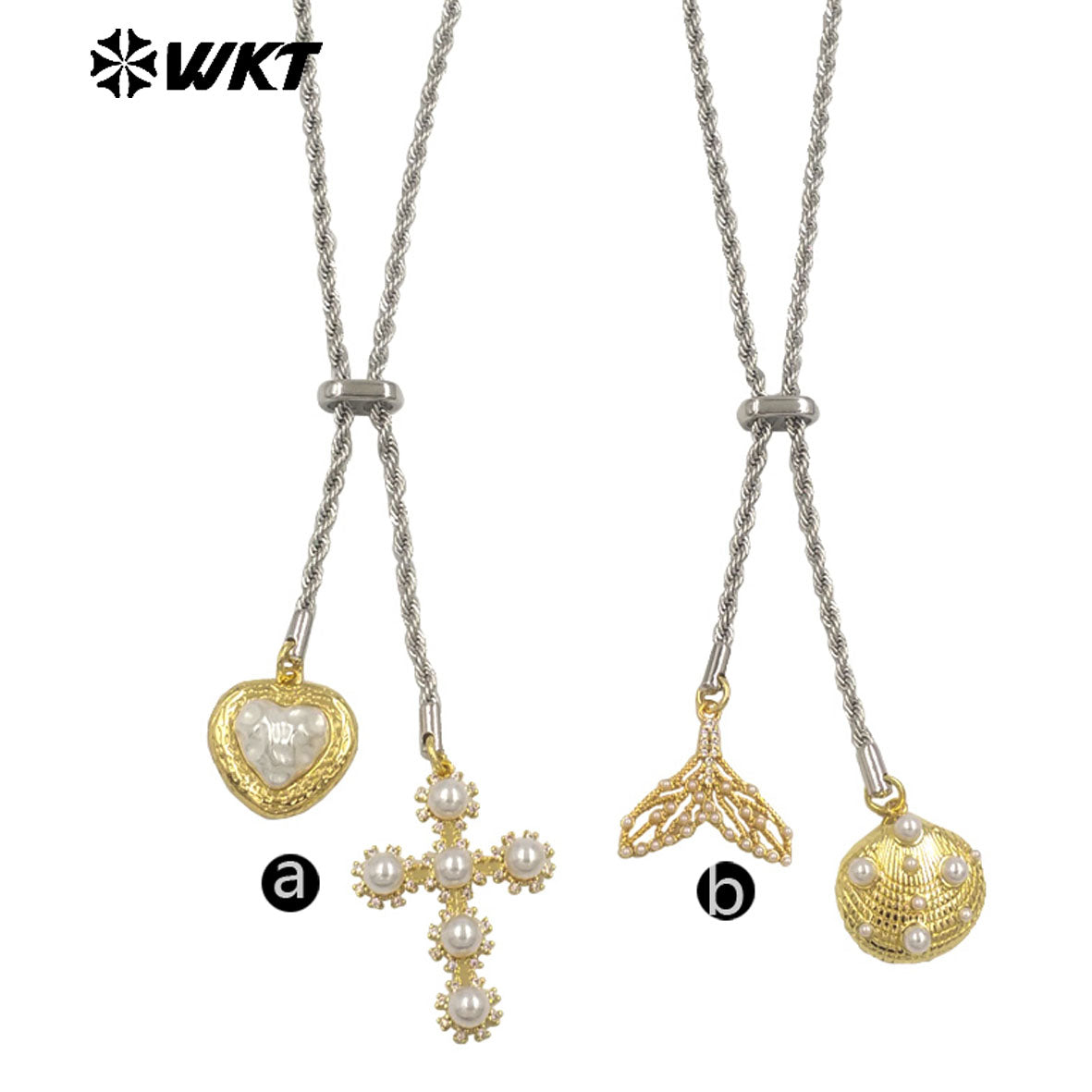 WT-JFN55 Exquisite Gold Plated Brass And Artificial Pearl Cross Heart Charms With Silver Metal Chain Necklace For Party Wearing