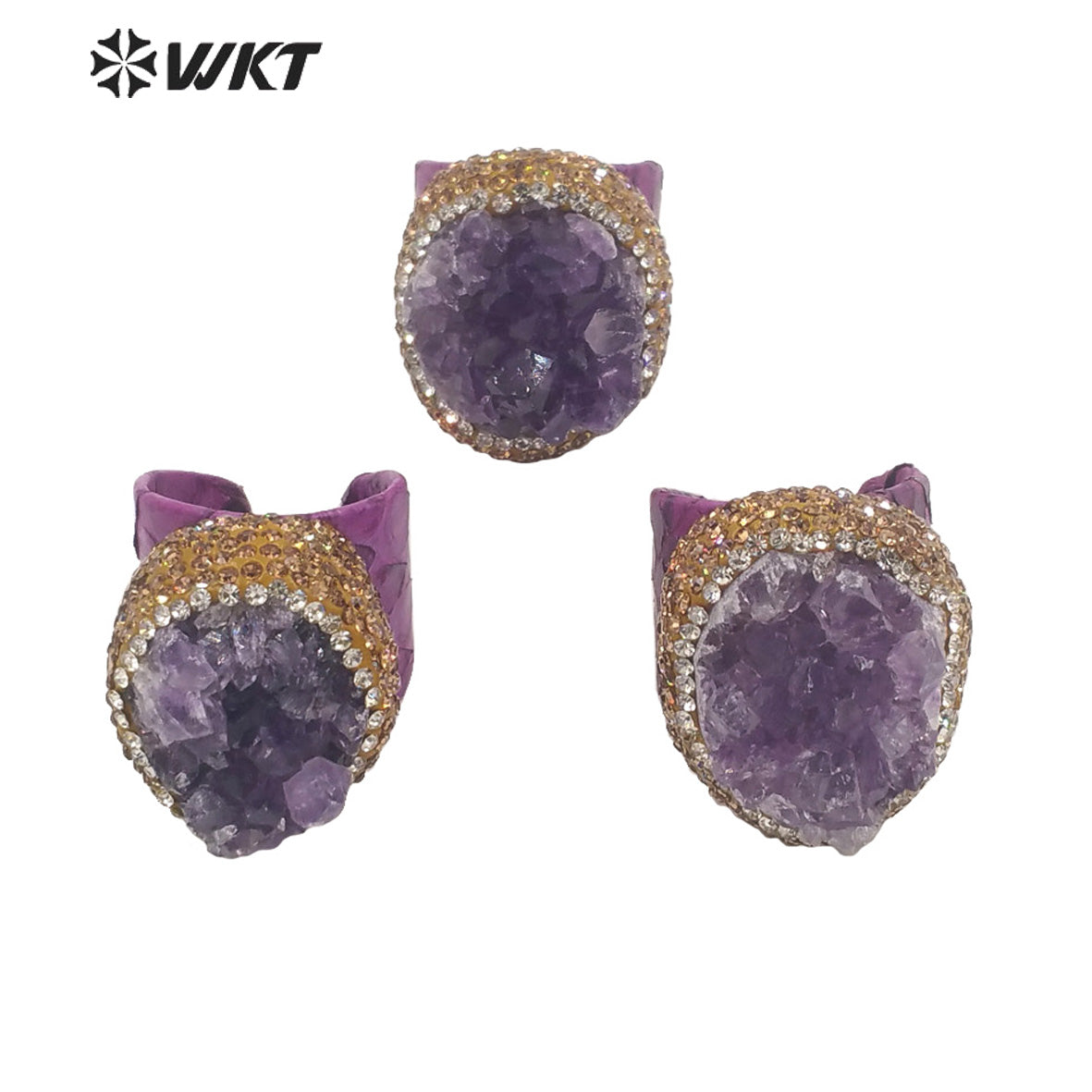 WT-R431 WKT New Design Rhinestone Hand Paved Natural Druzy Amethyst Stone Ring Women Gorgeous Genuine Leather Vintage Stone Ring