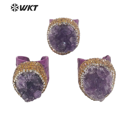 WT-R431 WKT New Design Rhinestone Hand Paved Natural Druzy Amethyst Stone Ring Women Gorgeous Genuine Leather Vintage Stone Ring