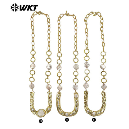 WT-JN368 Luxury Gold Plated Natural Freshwater Pearl Chain And U Shape Big Pendant Necklace For Girls Anniversary Present