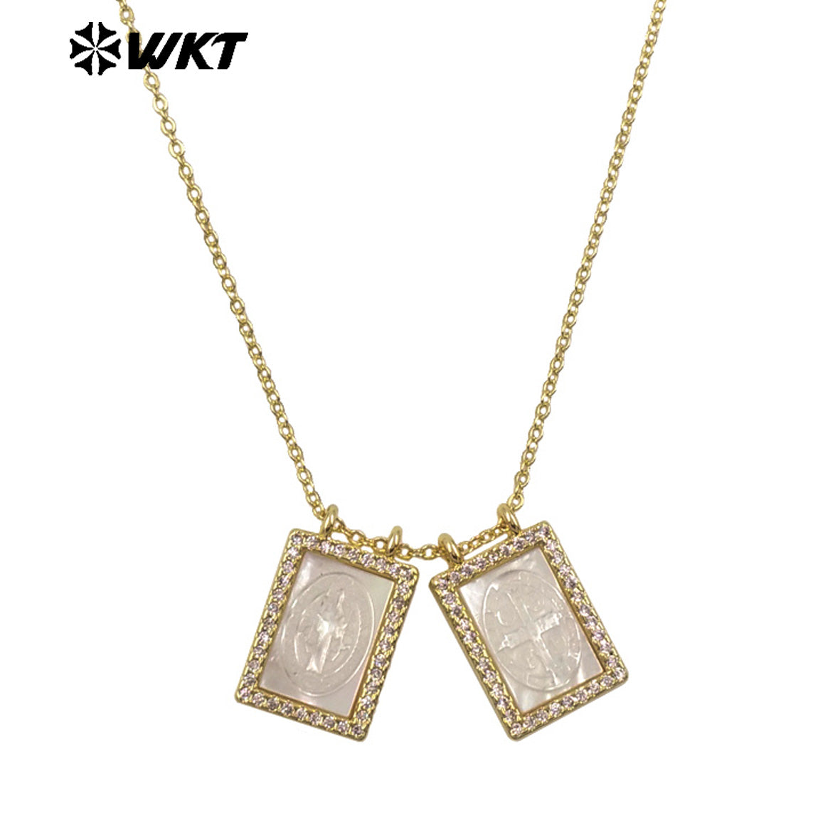 WT-JN392 Hot Sale Gold Plated Double White Shell Carved Religious Patterns Necklaces For Women Fashion Jewelry Matching