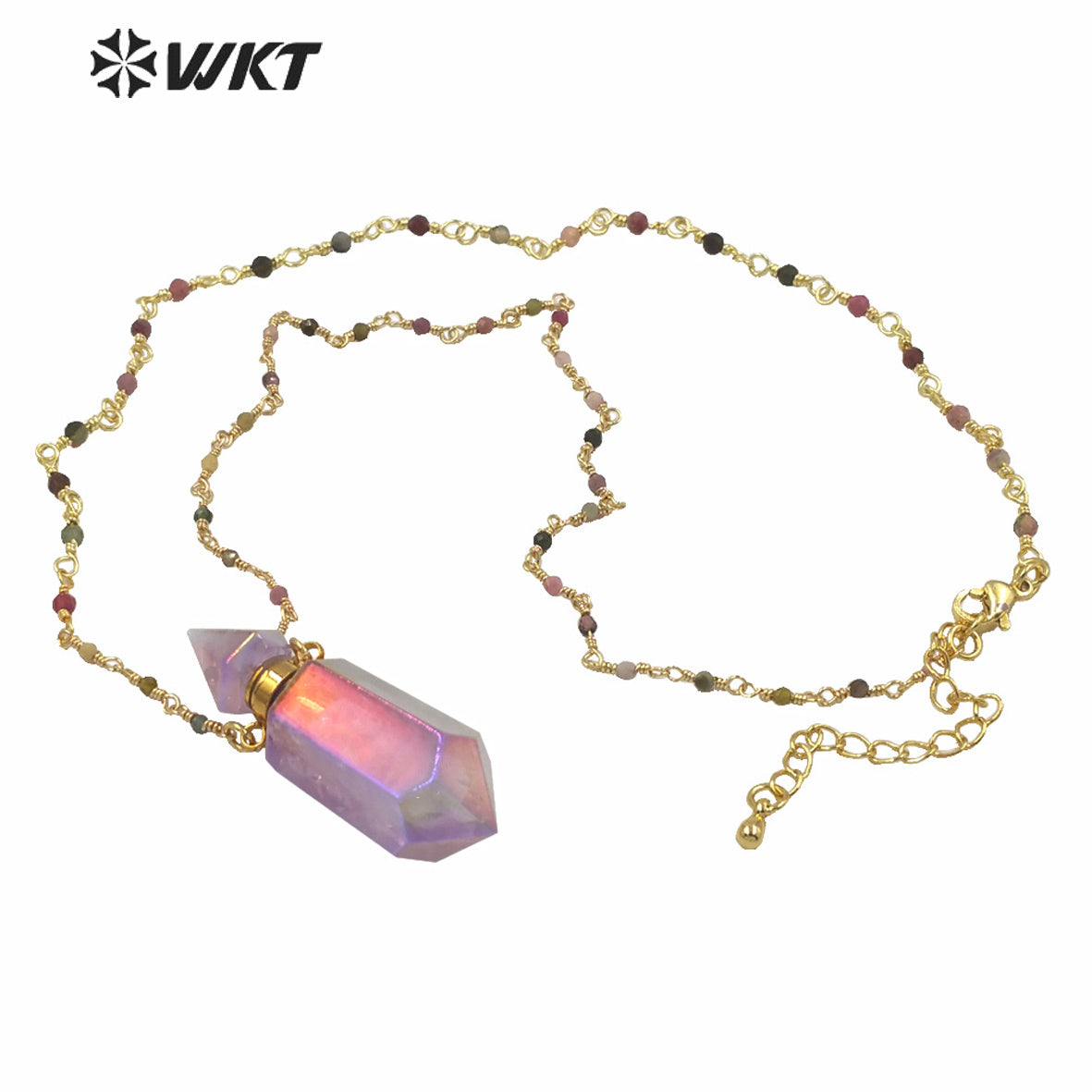 WT-N1234 Wholesales Amazing Natural Purple Stone Essential Oil Bottle Necklace Double Point Quartz Aura Perfume Bottle Necklace