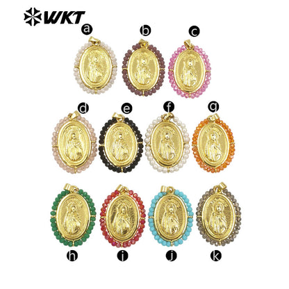WT-MN989 Women Handmade Crystal Wire Wrapped Oval Shape 18K Gold Plated Miraculous Medal Necklace for Spring