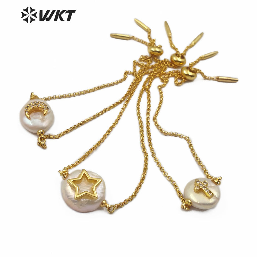 WT-MB112 New Arrival Pearl Gold Bracelet CZ Pave Star and Elephant or Moon Pattern Women Fashion Charm Bracelet