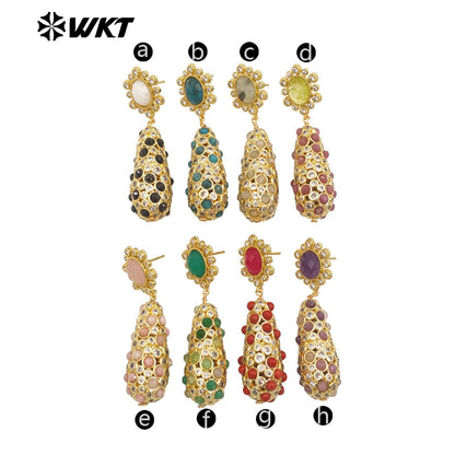 WT-E757 Amazing Popular Fashion Gold Plated Long Dangle Drop With Natural Stond Beads Setting Women Earrings