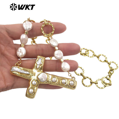 WT-JN369 Exclusive 18K Gold Electroplated Natural Freshwater Pearl Chain And Cross Pendant Necklace For Women Daily Matching