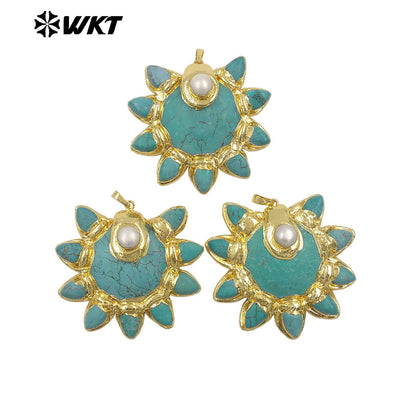 WT-P2032 Wholesale Unique 18K Gold Plated Natural Turquoise And Pearl Sun Shape Pendants For Necklace Making Accessory