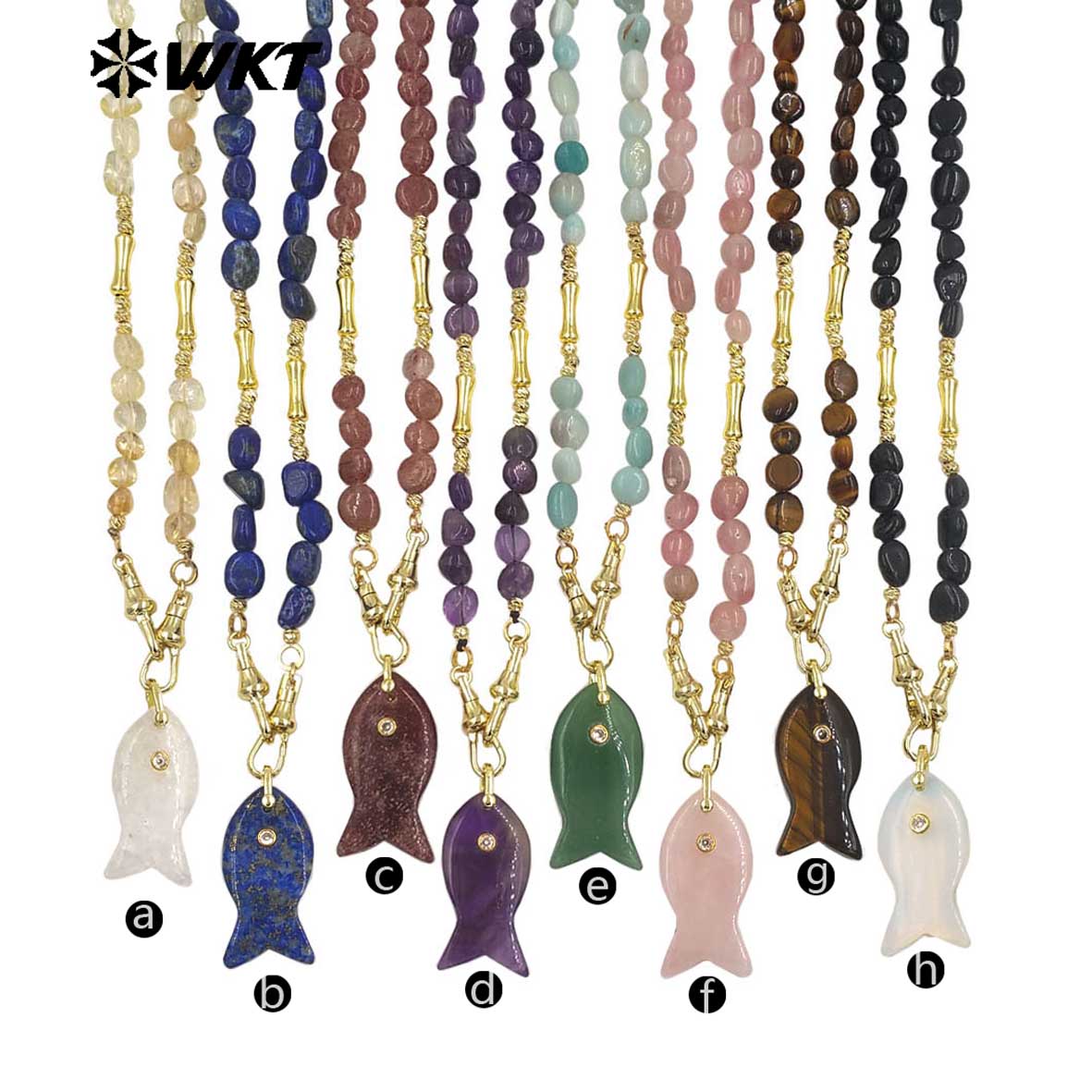 WT-N1522 Wonderful Stone Beads Splicing Metal Gold Chain With Natural Gemstones Fish Shape Pendant Necklaces For Women Gift