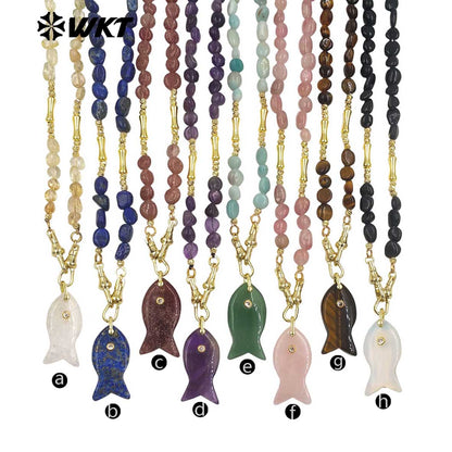 WT-N1522 Wonderful Stone Beads Splicing Metal Gold Chain With Natural Gemstones Fish Shape Pendant Necklaces For Women Gift
