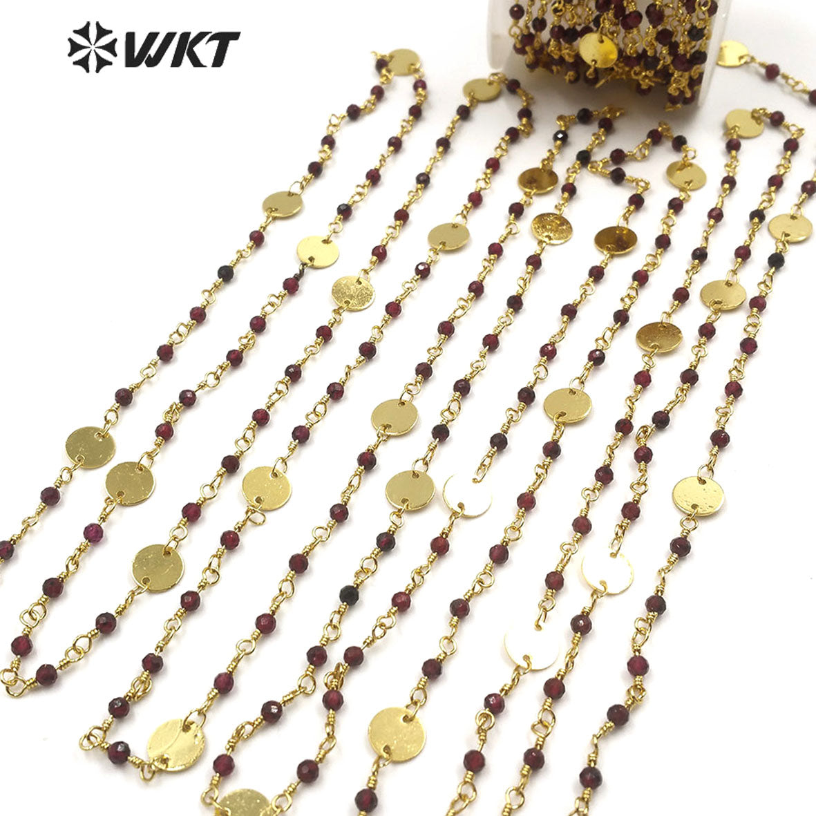 WT-RBC146 Natural Red Garnet Beads Chain Stylish Gold Plated Red Garnet Rosary Beads Chain for DIY Jewelry Making
