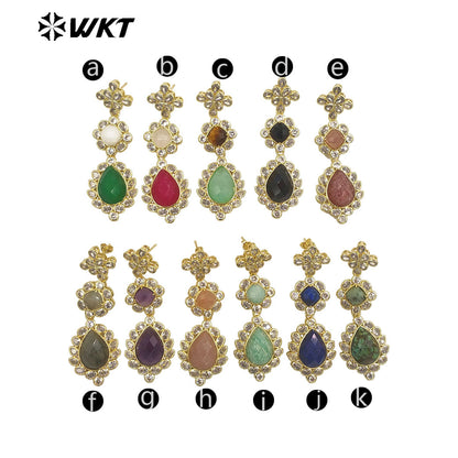 WT-ME088 WKT New Design 18K Real Gold Plated Multi Kinds of Gemstone Earrings Natural Lapis Drop Long Stone Studs for Gift