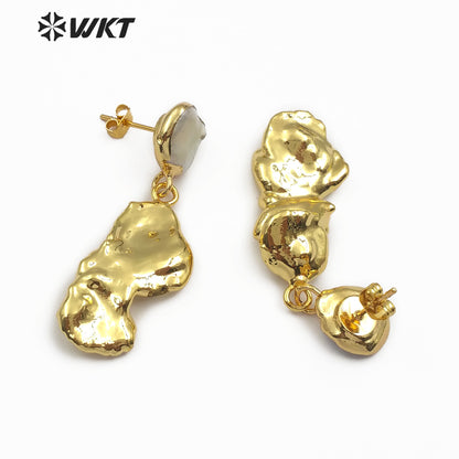 WT-E490 Boho Gift for Women Freshwater Pearl Stud With Random Shape Double Pearl Jewelry Full Gold Dipped Baroque Pearl Earring