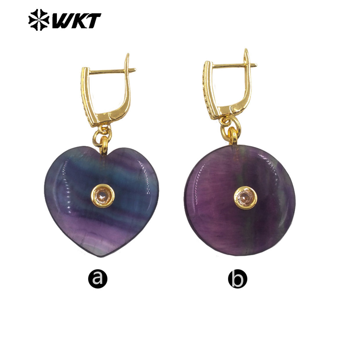 WT-E808 Lovely Gold Plated Natural Rainbow Fluorite Stone Heart Round Shape Earrings For Girlfriend Valentine's Day Gifts