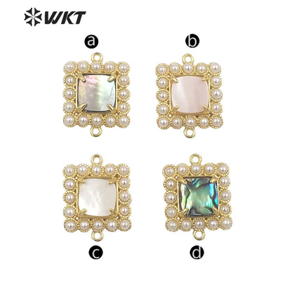 WT-PC003 New Design 18K Gold Plated Double Loops Metal Bezel With Claw Natural Shell Setting Pearl Charms