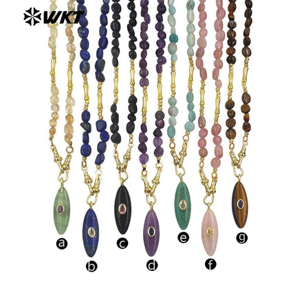 WT-N1521 Beautiful Fashion Metal Splicing Stone Beads Chain With Natural Gemstones Long Pendant Necklaces As Female Matching