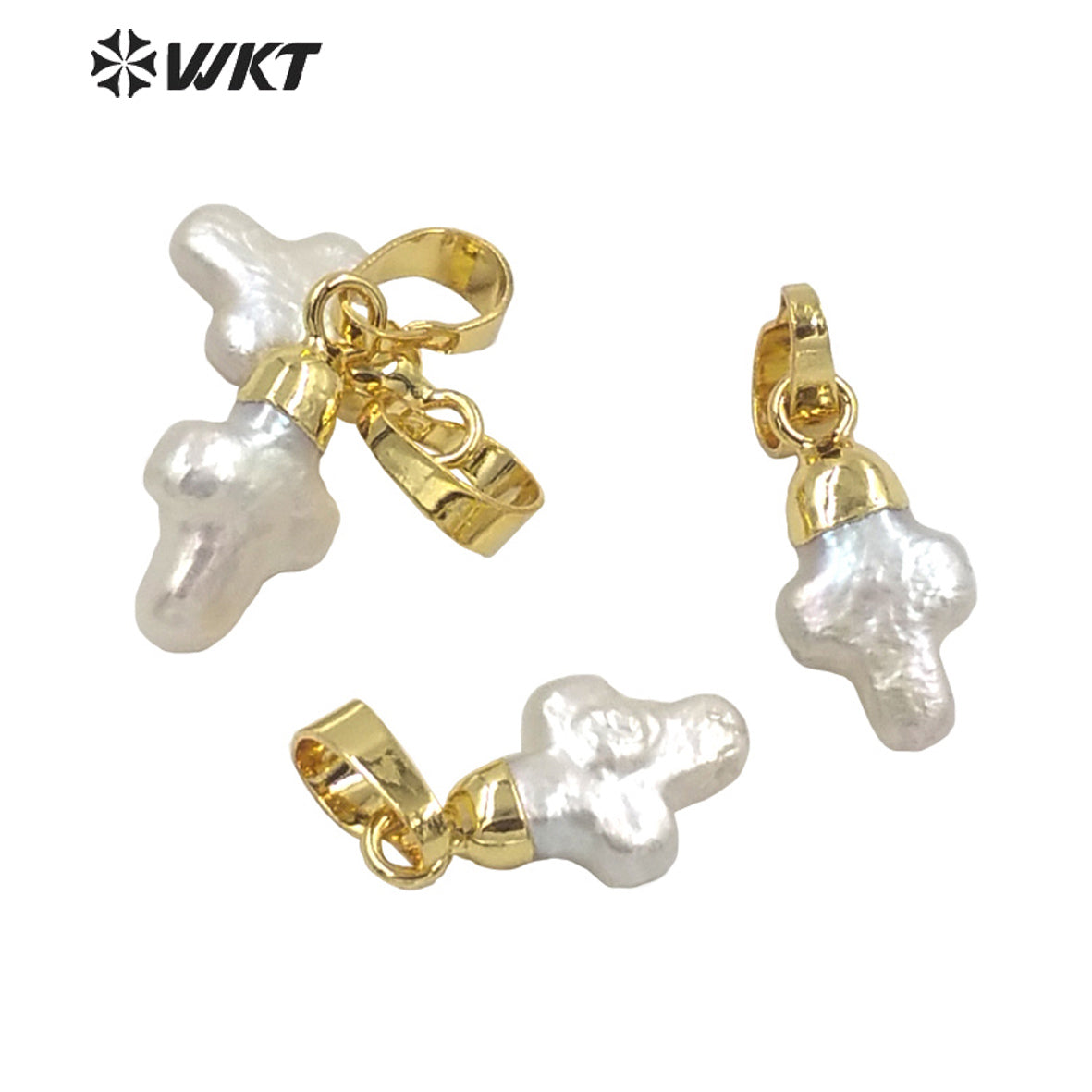 WT-JP246 WKT Newest Natural Freshwater Pearl Cross Pendant Fashion Lady Gold Top Single Loop White Pearl Charm Pendant in Cross