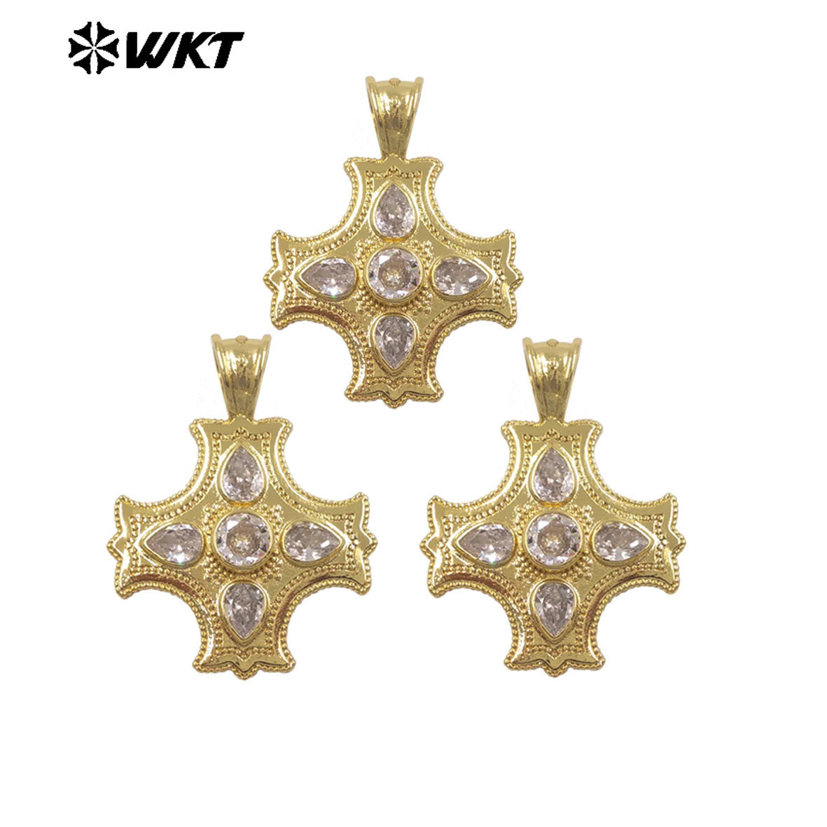 WT-P2118 Newest Product Gold Plated Yellow Brass And Zircon Cross Shape Metal Pendant For Friends Jewelry Present Design