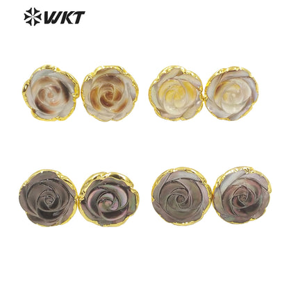 WT-MPE065 Lovely Shining Gold Electroplated Flower Shape Slice Fashion Shell Studs Earrings Women Gorgeous Flower Earrings