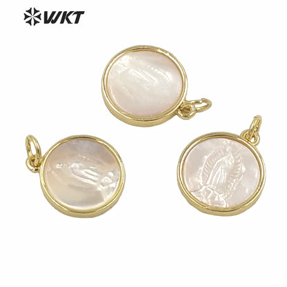 WT-MP171 Small Size Gold Bezel White Virgin Mary Pendant Lady Fashion Gold Shell 14mm Single Loop Mary Religious Pendant