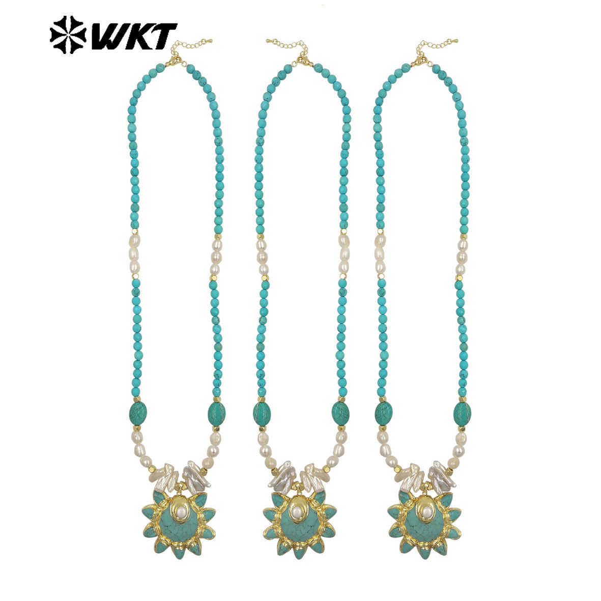 WT-JN371 Amazing Vintage Style Gold Plated Stone And Pearl Splicing Chain With Turquoise Pendant Necklace For Party Wearing