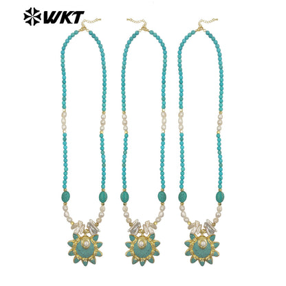 WT-JN371 Amazing Vintage Style Gold Plated Stone And Pearl Splicing Chain With Turquoise Pendant Necklace For Party Wearing