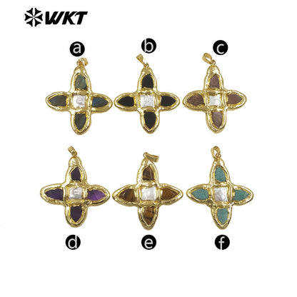 WT-JP216 WKT Jewelry Exclusive Unique Design Green Turquoise Stone Pendant Single Gold Plated Pearl Cross Pendant for Lady