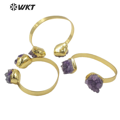 WT-B594 WKT 2022 Fashion Style Natural Amethyst Jewelry Stone Bracelet Opening Adjustable Gold Stone Bangle Women Jewelry