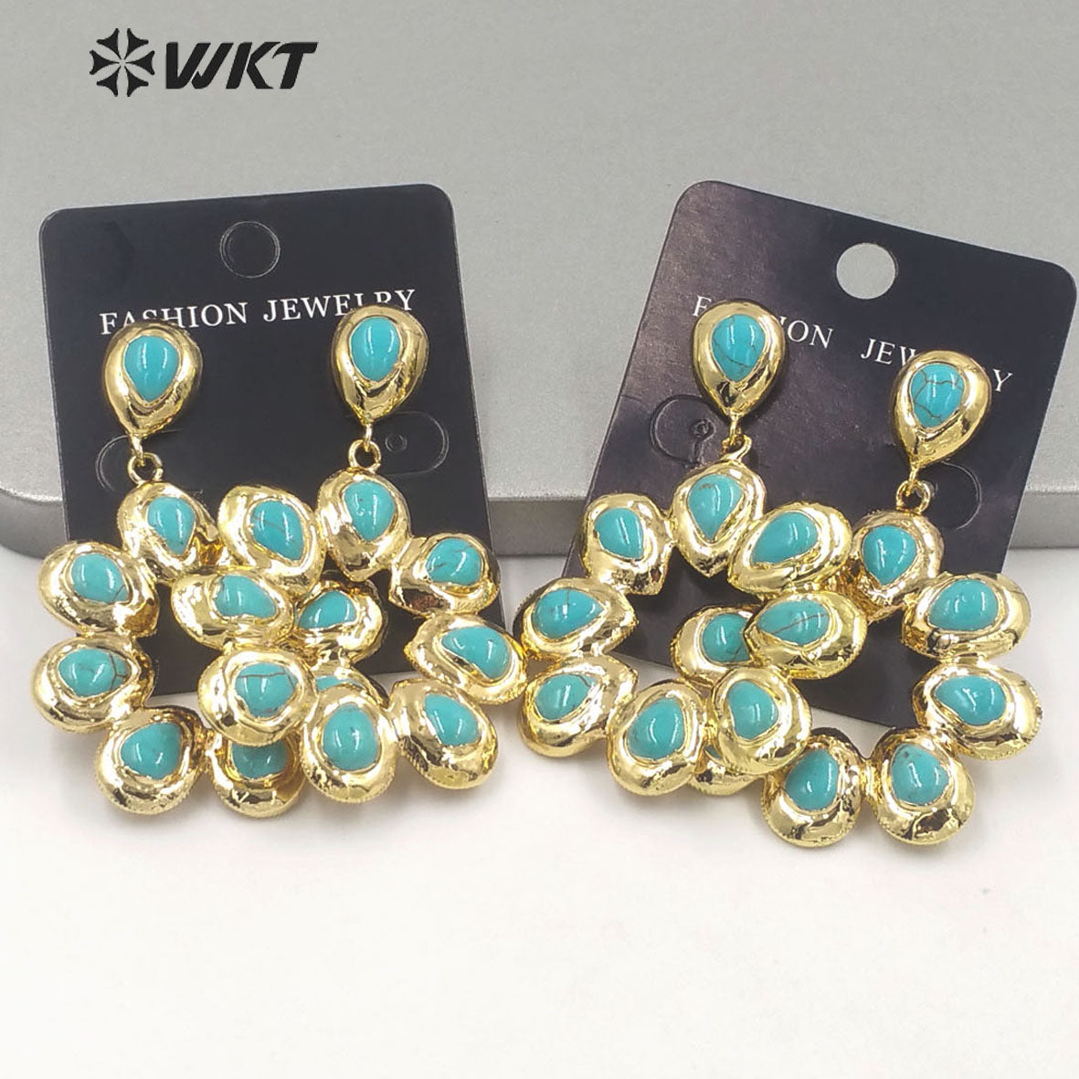 WT-E468 Wholesale Romantic Natural Stone Top Fashion Lady Elegant Jewelry Flower Shape Agate and Turquoise Drop Earrings
