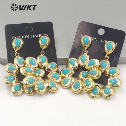 WT-E468 Wholesale Romantic Natural Stone Top Fashion Lady Elegant Jewelry Flower Shape Agate and Turquoise Drop Earrings