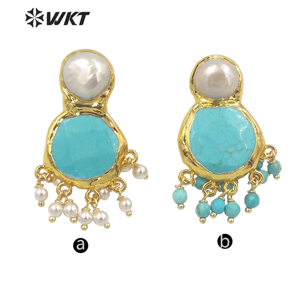 WT-MPE117 Elegant Vintage Women 18K Gold Plated Round Faceted Turquoise With Dangling Tiny Beads Pearl Earring Studs