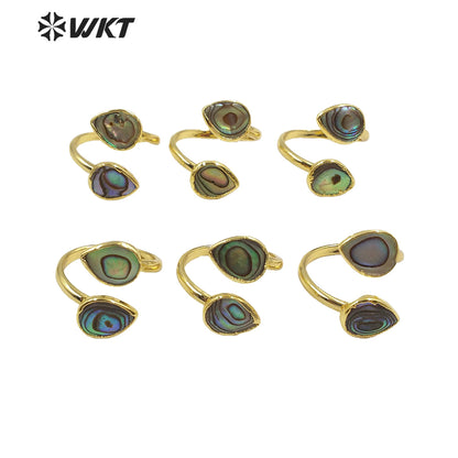 WT-MPR002 Women Adjustable Size Double Drop Green Abalone Shell Rings Gold Electroplated Summer Style Tea Drop Shell Rings
