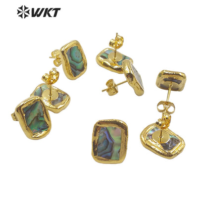 WT-E602 Hot Sale Long Rectangle Abalone Shell Studs Earring Gold Trim Fashion Lady Shell Studs Boho Style Abalone Studs
