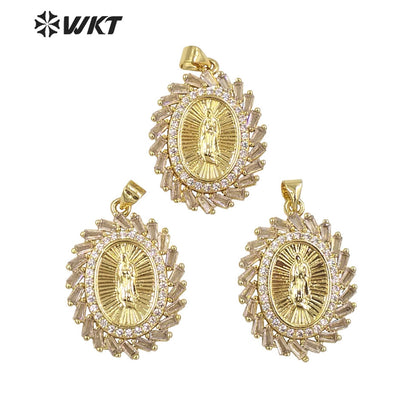 WT-MP283 Newest Vintage Style Female Deity Shaped Round Shaped Cubic Zircon Madonna Design Pendant