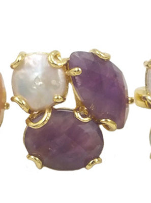 WT-R418 Women 18k Real Gold Plated Resist Tarnishable Triple Stone Prong Setting Natural Stone and Pearl Mix Party Ring