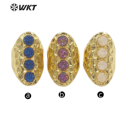 WT-R443 Wholesale Fashion Gold Bezel Natural Druzy Agate Ring Wide Band Women Party Stone Ring for Birthday Girl Friend