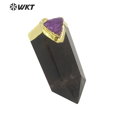 WT-P1609 WKT New Design Wholesale Natural Smoky Quartz Pendant Women Gold Hexagonal Quartz with Druzy Charm Pendant