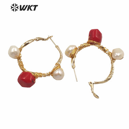 WT-MPE029 Amazing Hiperbole Women Fashion Real Stone Earrings Gold Handmade Wire Wrapped Big Hollow Ear Buckle Queen Party Ear