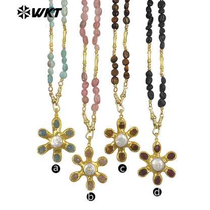 WT-JN379 Delicate Gold Plated Brass Splicing Beads Chain With Natural Stone And Pearl Flower Shape Pendants Necklaces As Gift