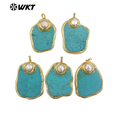 WT-JP517 Good Quality 18K Gold Electroplated Natural Pearl And Irregular Turquoise Stone Pendant For Women Handmade Jewelry DIY