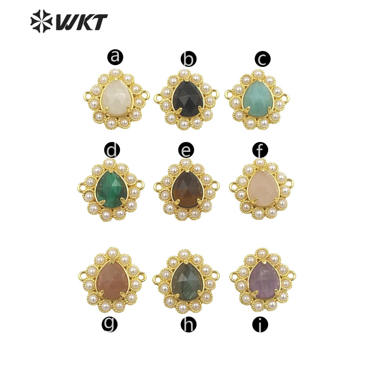 WT-PC008 Delicate Fashion 18K Real Gold Plated Resist Tarnishable Gemstone Carved Drop Pearl Connectors