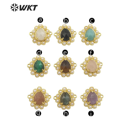 WT-PC008 Delicate Fashion 18K Real Gold Plated Resist Tarnishable Gemstone Carved Drop Pearl Connectors