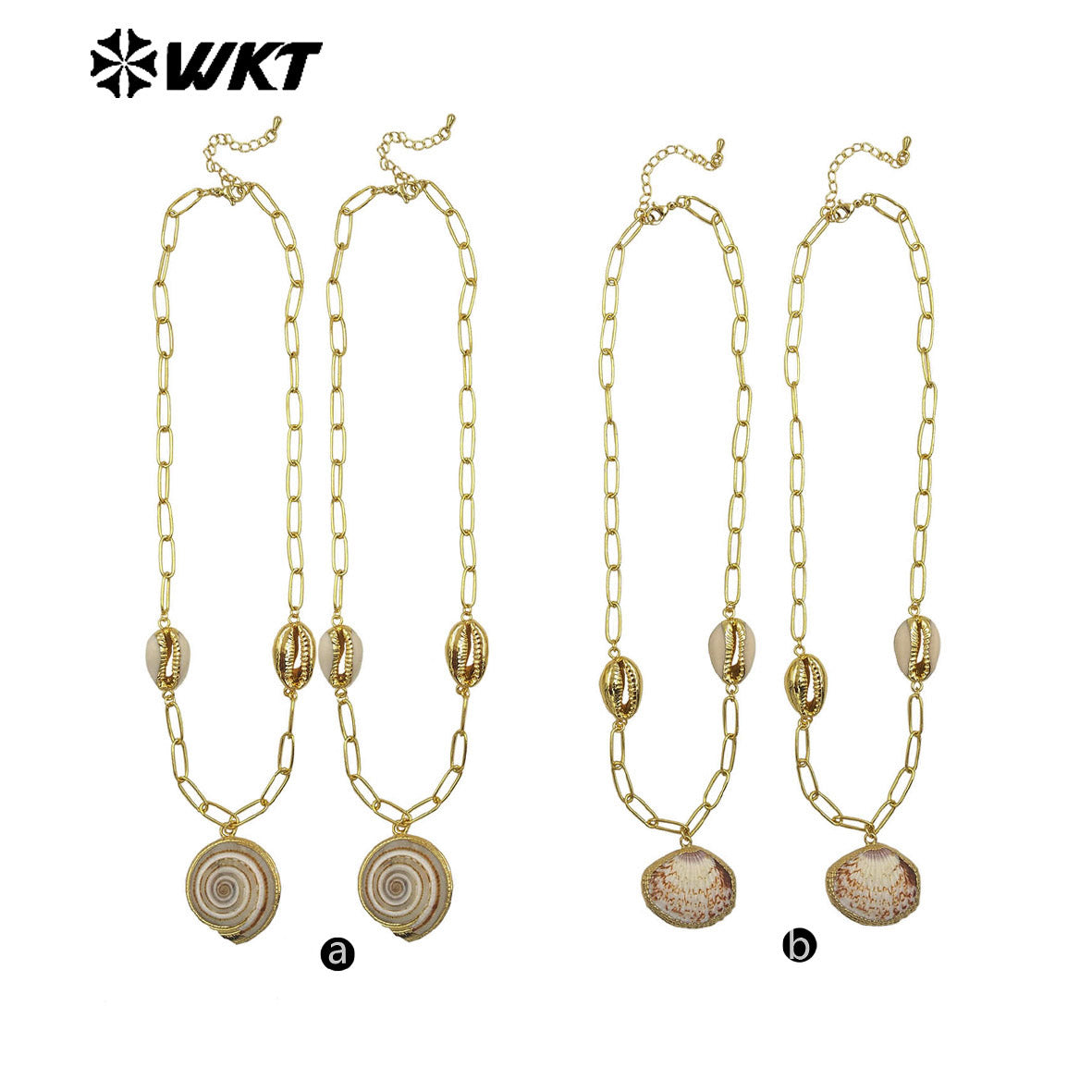 WT-JN318 Wonderful Design Natural Trumpet Shell Necklace One Big and Two Small Charms With Gold Plated Chain Women Jewelry