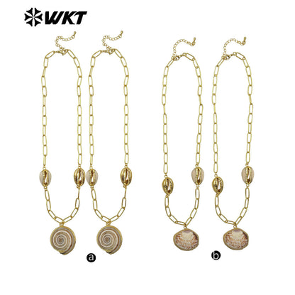 WT-JN318 Wonderful Design Natural Trumpet Shell Necklace One Big and Two Small Charms With Gold Plated Chain Women Jewelry