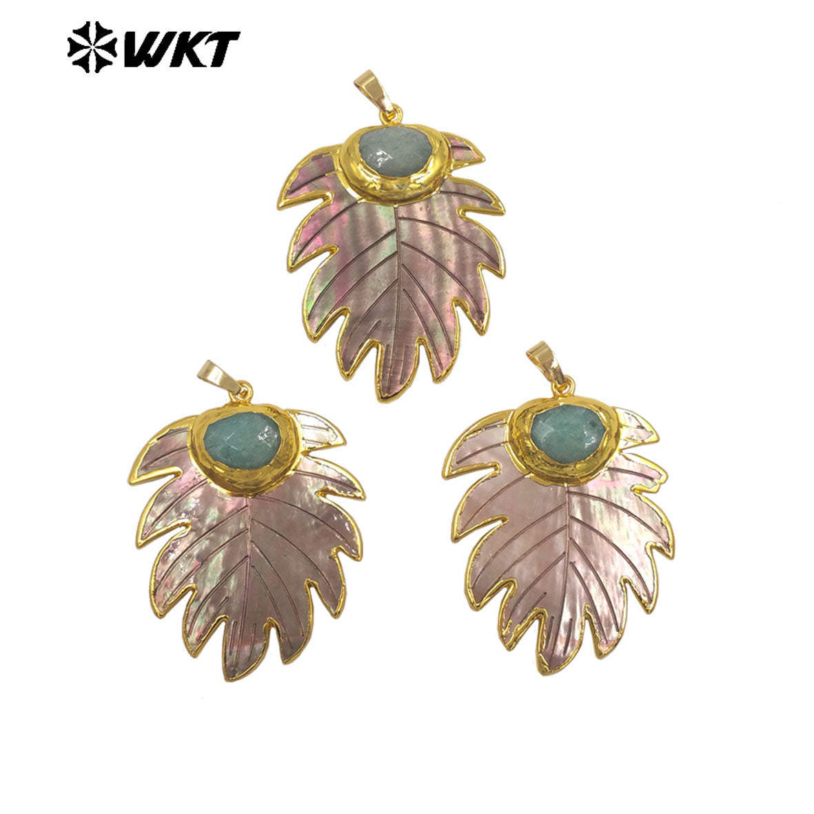 WT-JP472 High Quality Unique Gold Plated Natural Shell And Amazonite Stone Leaves Shape Pendant For Women Jewelry Decoration